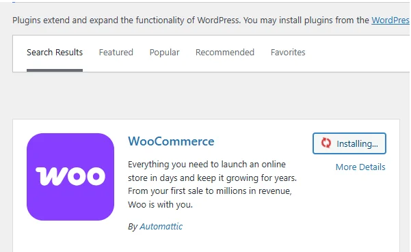 WooCommerce plugin being installed in the WordPress dashboard to enable online ticket payments with Xendit.