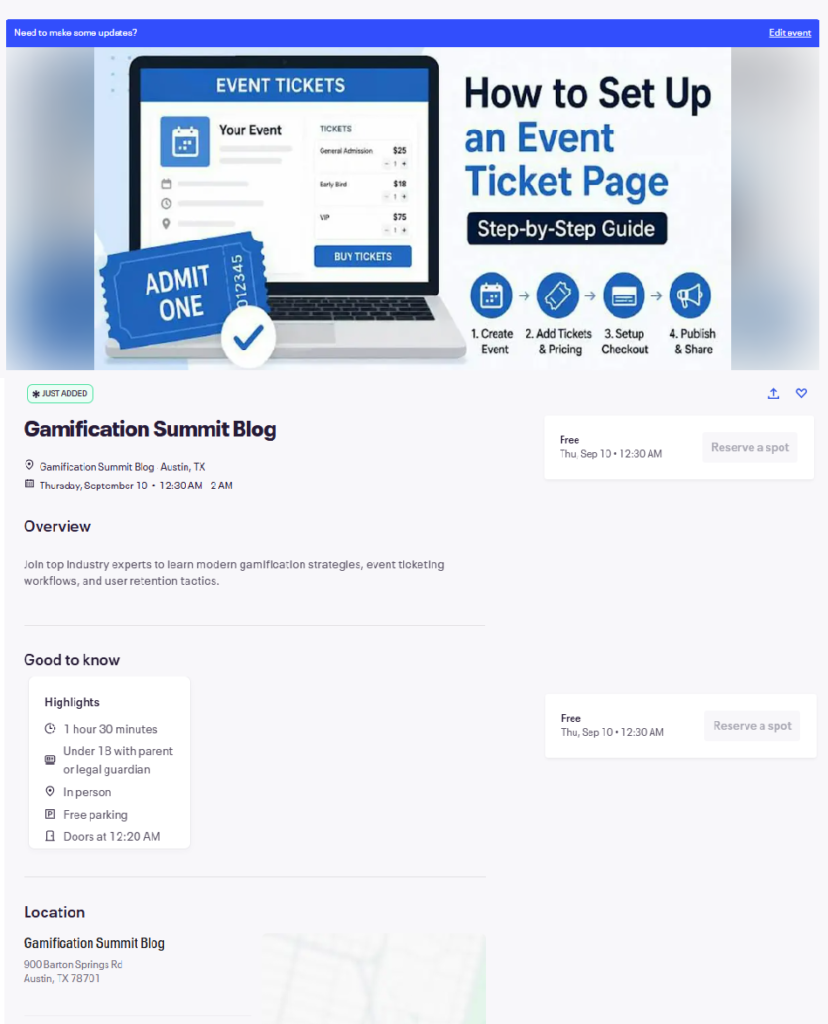 Draft event listed on Eventbrite events dashboard showing draft status and sales progress.
