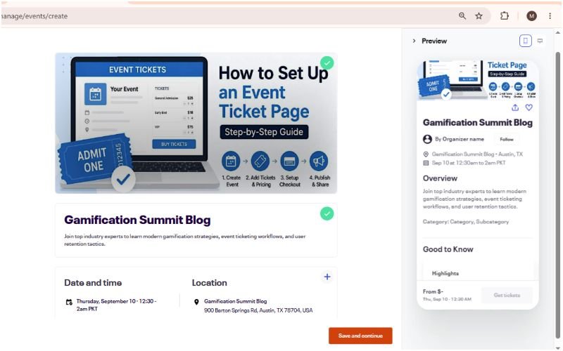 Event setup form with event title, banner image, date, location, and description fields filled.