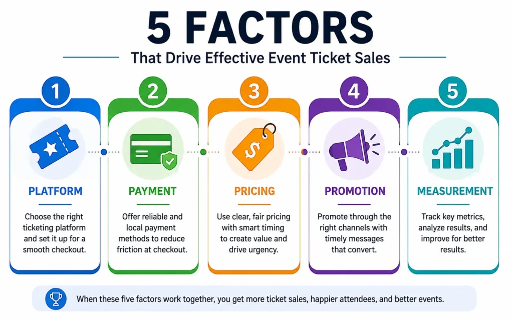 Five factors that drive effective event ticket sales: platform, payment, pricing, promotion, and measurement
