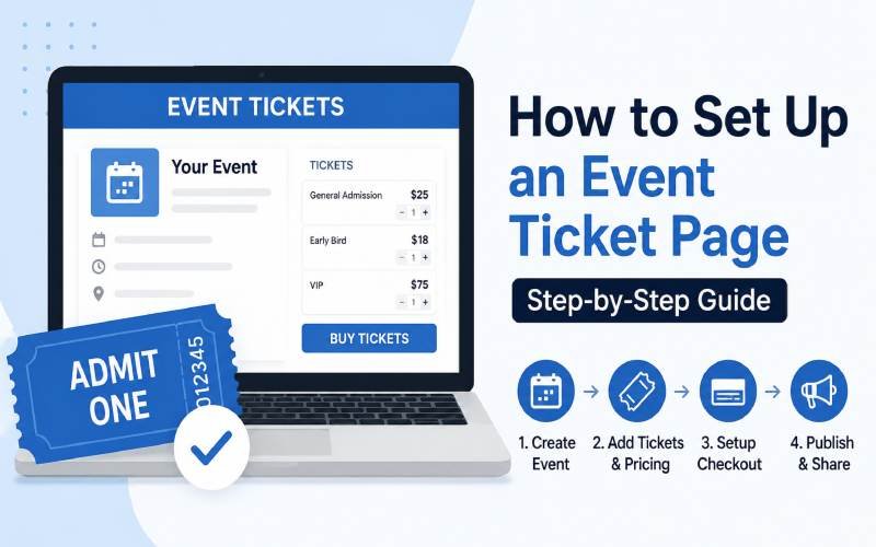 Event ticket page setup on a laptop with ticket pricing and checkout process illustration.