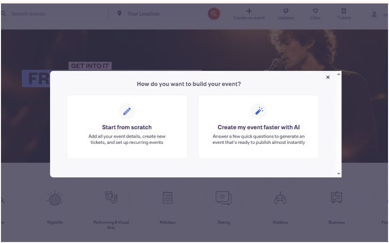 Eventbrite setup screen showing start from scratch versus AI creation options.