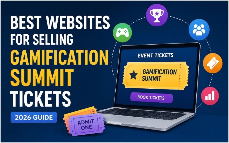 Laptop displaying a gamification summit event ticket with icons representing networking, leaderboards, and online ticket sales.