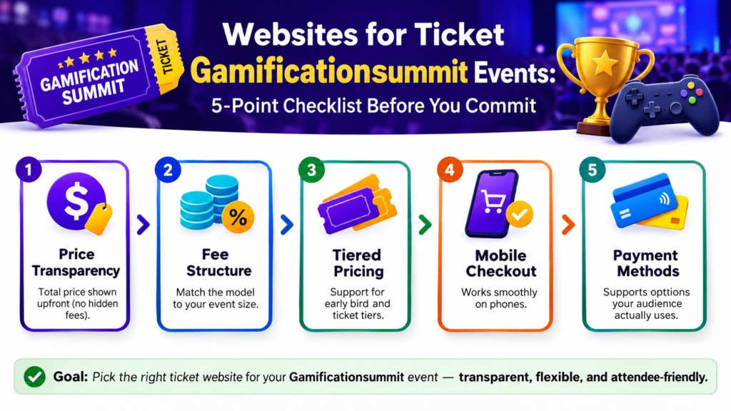 Checklist showing five key factors to compare ticket websites for gamification summit events.