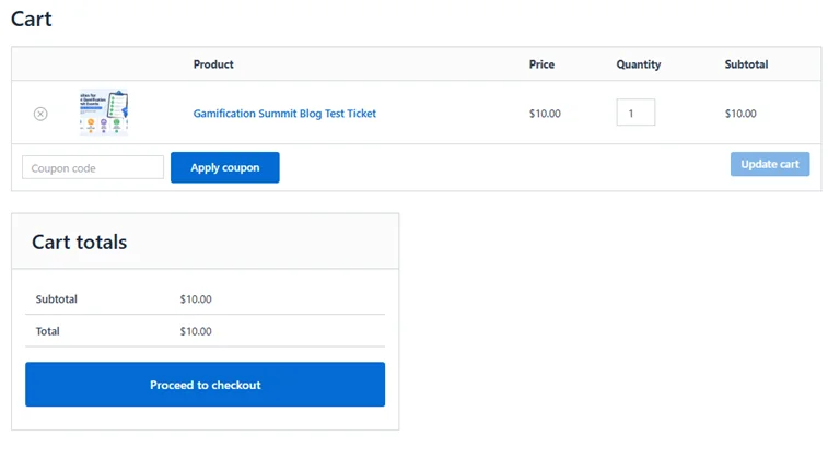 WooCommerce cart page showing clear $10 ticket price with no hidden fees.