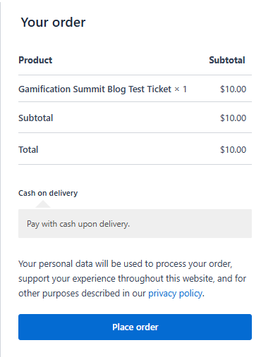 WooCommerce order confirmation page showing successful test ticket purchase for $10.  