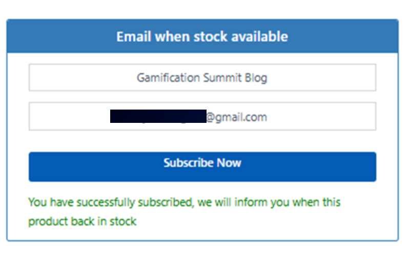 Waitlist signup box showing successful email subscription confirmation message on product page.