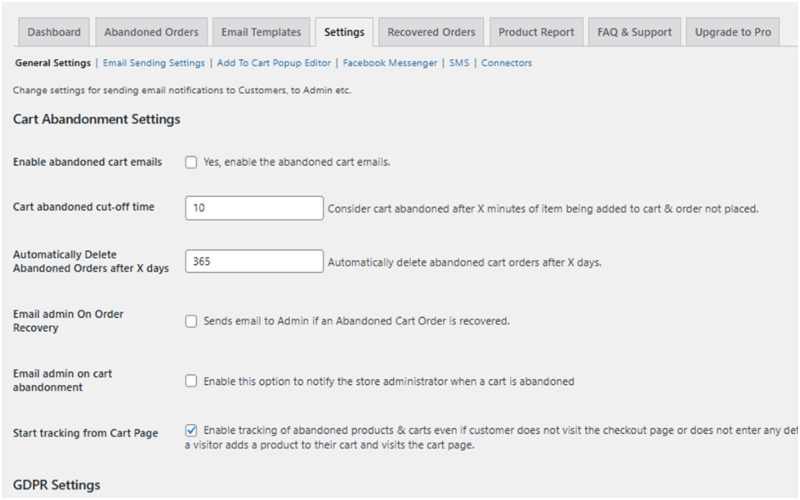 Abandoned Cart Lite settings panel showing 10 minute cutoff time configuration.