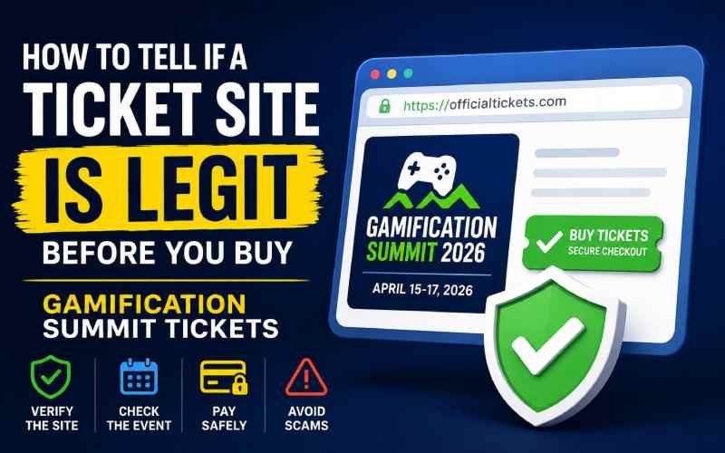 Gamification Summit ticket website with security shield and scam warning symbols.