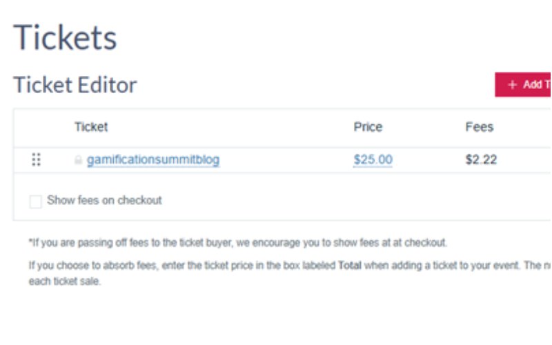 Ticketbud Ticket Editor showing a 25 dollar ticket price with 2.22 dollars in calculated fees resulting in a 27.22 dollar total cost.