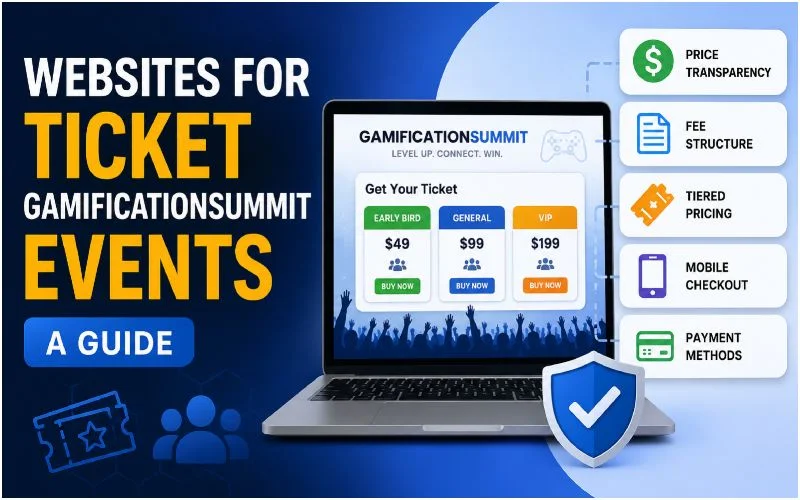 A clean featured image illustrating a gamification summit ticketing website with a five-point checklist covering price transparency, fee structure, tiered pricing, mobile checkout, and payment methods. The graphic supports the article's guidance on evaluating ticket platforms before launching an event.
