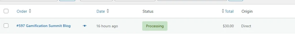 WooCommerce orders table showing automatic Processing status update after Xendit payment.