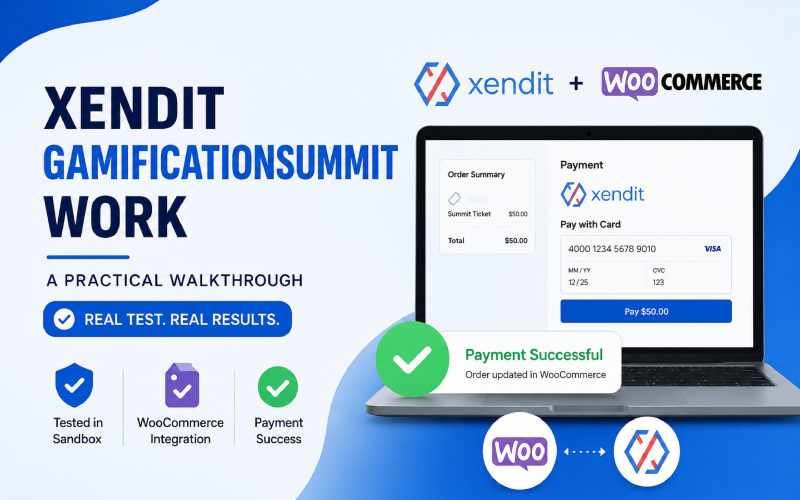 Xendit WooCommerce payment integration walkthrough showing a successful sandbox test checkout.