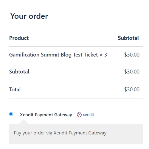 Xendit Payment Gateway selected on WooCommerce checkout page.